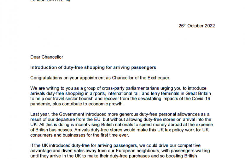 Henry Smith MP leads call for Chancellor to back up UK Aviation by introducing Duty-Free Shopping for Arrival Passengers